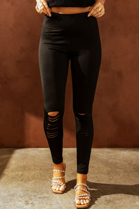 Thumbnail for Double Take Wide Waistband Distressed Slim Fit Leggings
