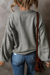 Thumbnail for Pearl Detail Round Neck Long Sleeve Sweater