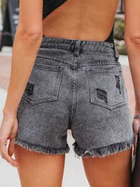 Thumbnail for Distressed Fringe Denim Shorts with Pockets