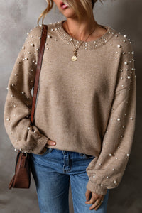 Thumbnail for Pearl Detail Round Neck Long Sleeve Sweater