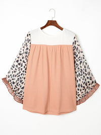 Thumbnail for Plus Size Leopard Ruffle Trim Long Sleeve Blouse