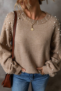 Thumbnail for Pearl Detail Round Neck Long Sleeve Sweater