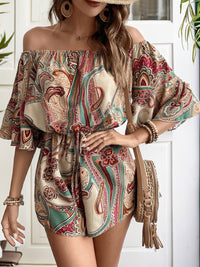 Thumbnail for Perfee Printed Off Shoulder Half Sleeve Romper