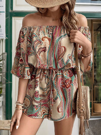 Thumbnail for Perfee Printed Off Shoulder Half Sleeve Romper