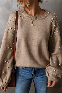 Thumbnail for Pearl Detail Round Neck Long Sleeve Sweater