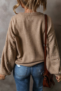 Thumbnail for Pearl Detail Round Neck Long Sleeve Sweater