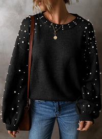 Thumbnail for Pearl Detail Round Neck Long Sleeve Sweater