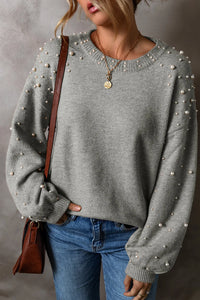 Thumbnail for Pearl Detail Round Neck Long Sleeve Sweater