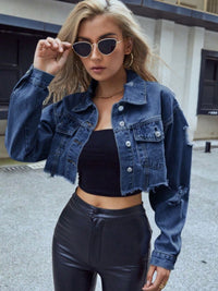 Thumbnail for Distressed Raw Hem Collared Neck Long Sleeve Denim Top