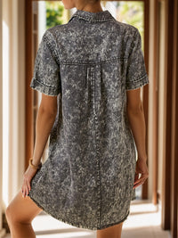 Thumbnail for Pocketed Collared Neck Short Sleeve Denim Dress