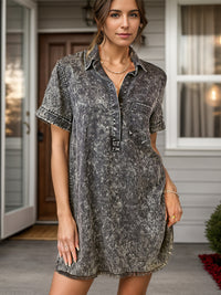 Thumbnail for Pocketed Collared Neck Short Sleeve Denim Dress