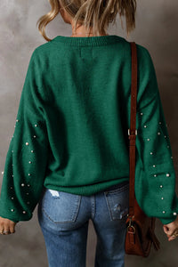 Thumbnail for Pearl Detail Round Neck Long Sleeve Sweater