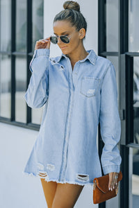 Thumbnail for Distressed Snap Down Denim Jacket