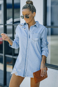 Thumbnail for Distressed Snap Down Denim Jacket