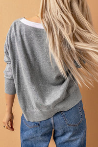 Thumbnail for Color Block V-Neck Ribbed Trim Sweater