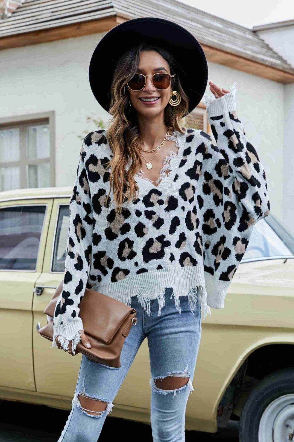 Animal Print Distressed V-Neck Drop Shoulder Sweater