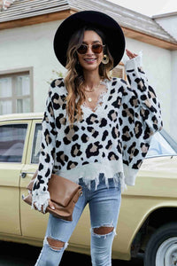 Thumbnail for Animal Print Distressed V-Neck Drop Shoulder Sweater