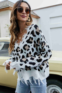 Thumbnail for Animal Print Distressed V-Neck Drop Shoulder Sweater