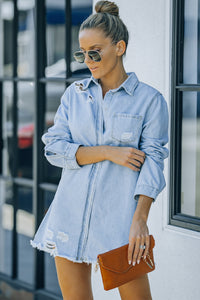 Thumbnail for Distressed Snap Down Denim Jacket