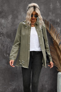 Thumbnail for Distressed Snap Down Denim Jacket
