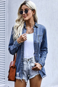 Thumbnail for Distressed Snap Down Denim Jacket