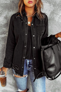 Thumbnail for Distressed Snap Down Denim Jacket