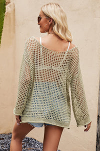 Thumbnail for Openwork Round Neck Long Sleeve Cover Up