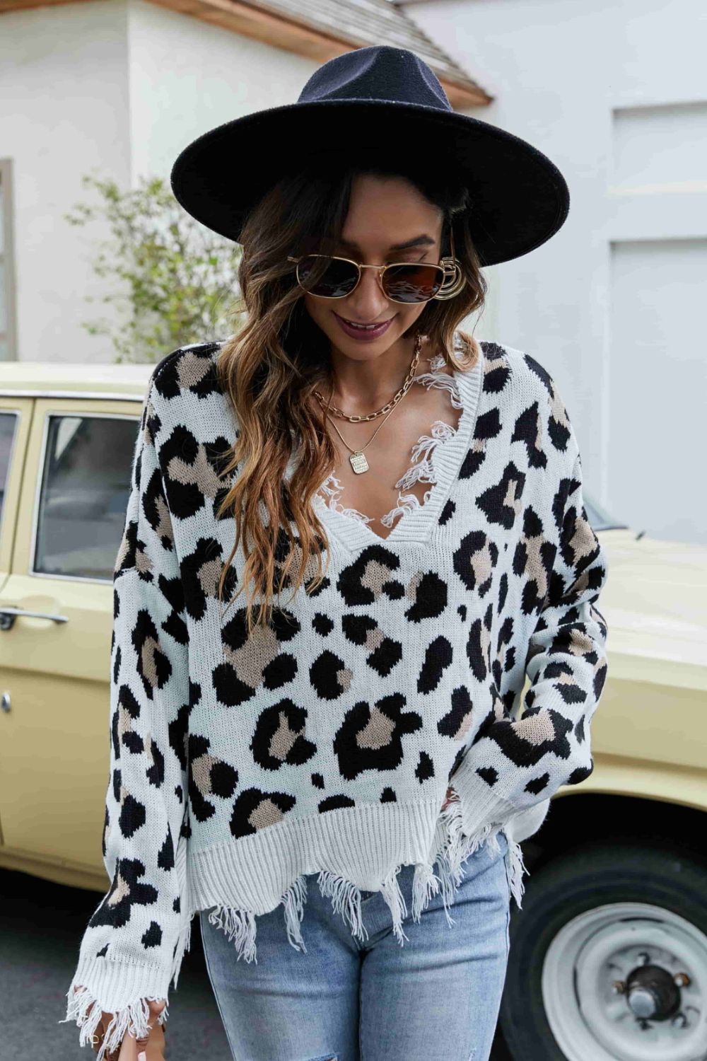 Animal Print Distressed V-Neck Drop Shoulder Sweater