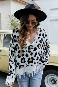 Thumbnail for Animal Print Distressed V-Neck Drop Shoulder Sweater