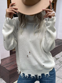 Thumbnail for Distressed High Neck Cold-Shoulder Sweater