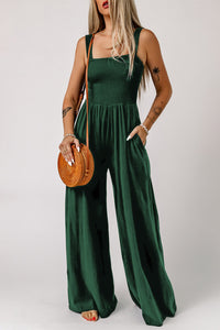 Thumbnail for Smocked Square Neck Wide Leg Jumpsuit with Pockets