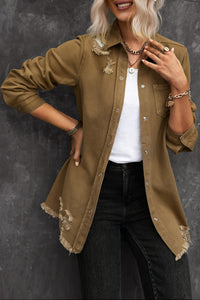 Thumbnail for Distressed Snap Down Denim Jacket