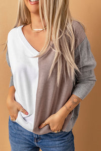 Thumbnail for Color Block V-Neck Ribbed Trim Sweater