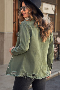 Thumbnail for Distressed Snap Down Denim Jacket