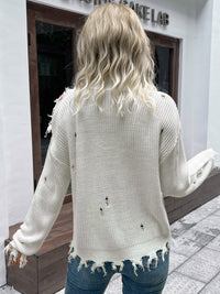 Thumbnail for Distressed High Neck Cold-Shoulder Sweater