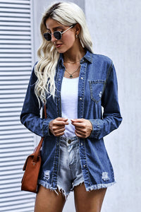 Thumbnail for Distressed Snap Down Denim Jacket