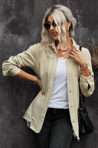Thumbnail for Distressed Snap Down Denim Jacket