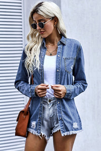 Thumbnail for Distressed Snap Down Denim Jacket