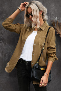 Thumbnail for Distressed Snap Down Denim Jacket