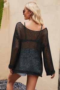 Thumbnail for Openwork Round Neck Long Sleeve Cover Up